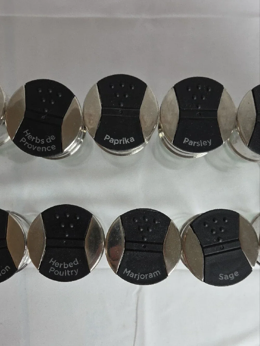 Set of 18 Clear Glass Spice Jars with Silver Lids and Black Labels